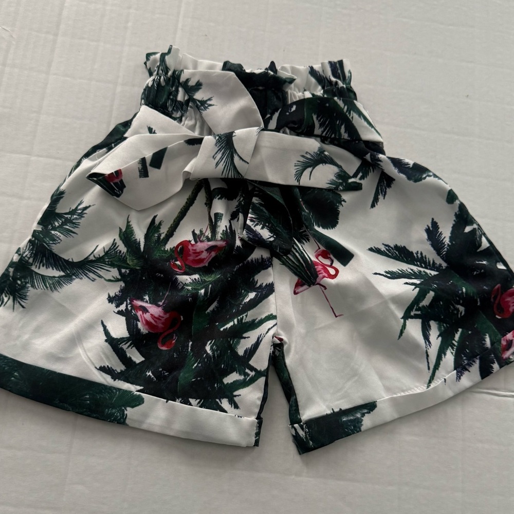 Green and White Tropical Print Shorts